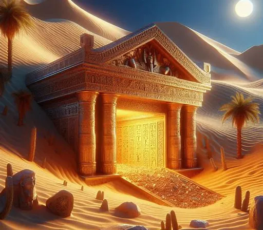 a painting of an egyptian temple in the desert