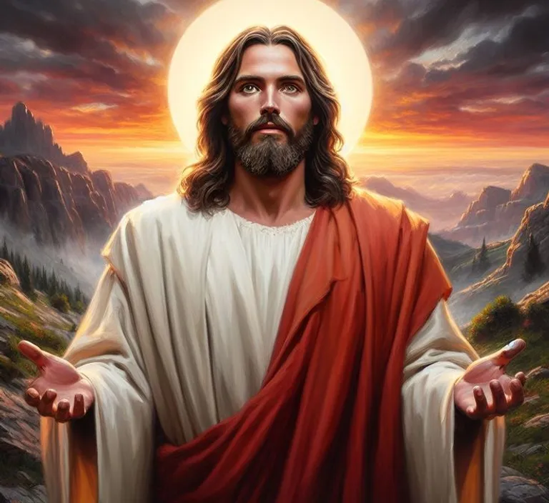 a painting of jesus standing in front of a mountain