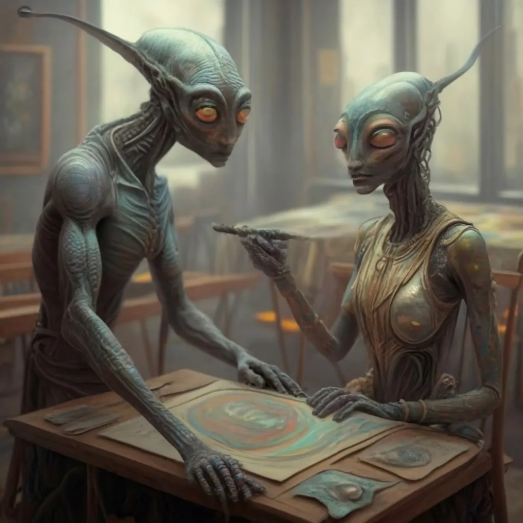 a couple of aliens sitting at a table