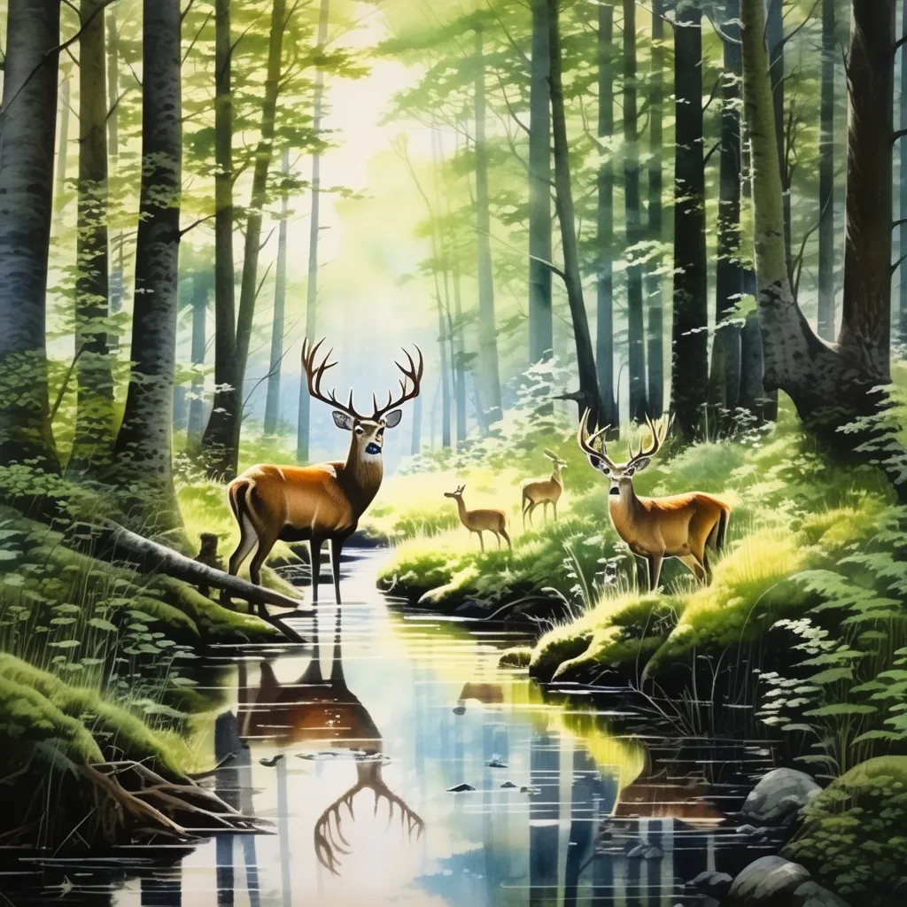 a painting of two deer standing in a forest