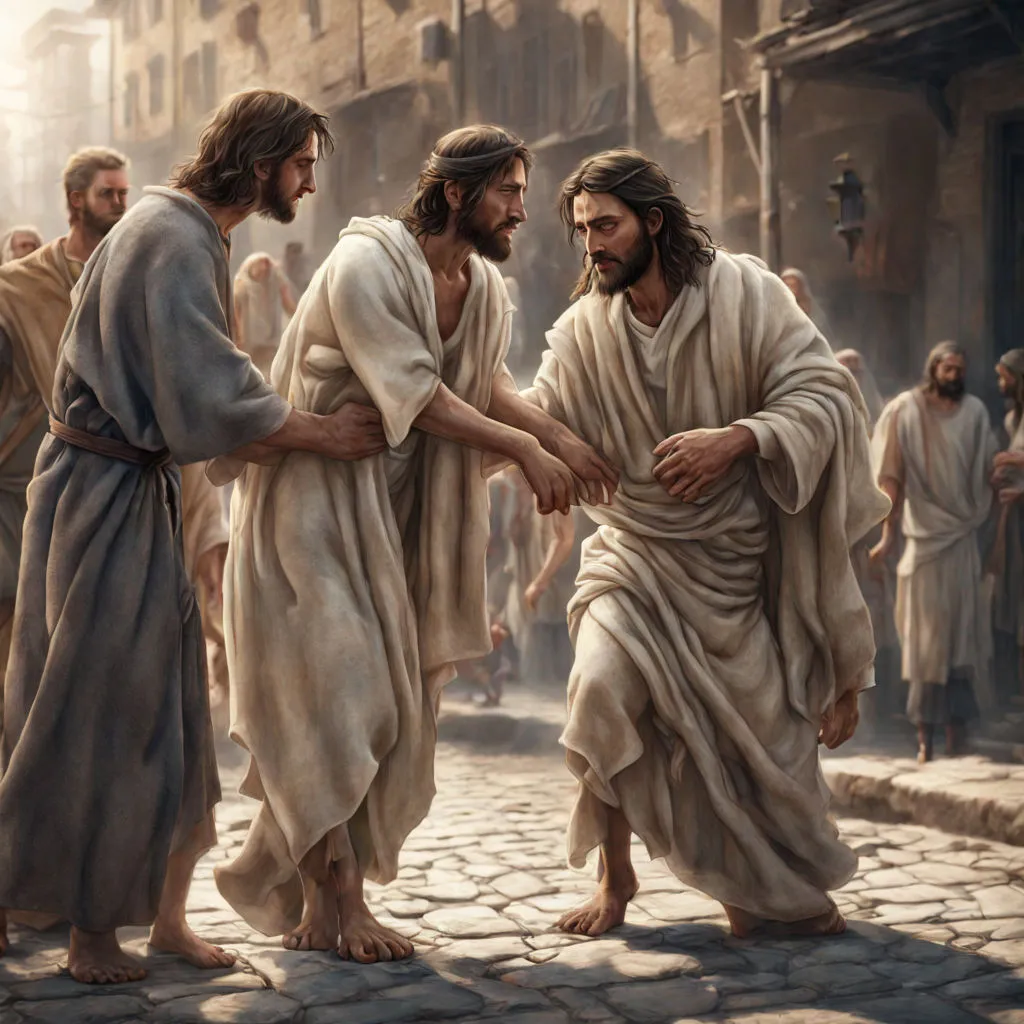 a painting of jesus walking with two other men