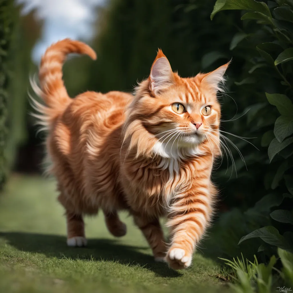 an orange cat walking through a lush green field