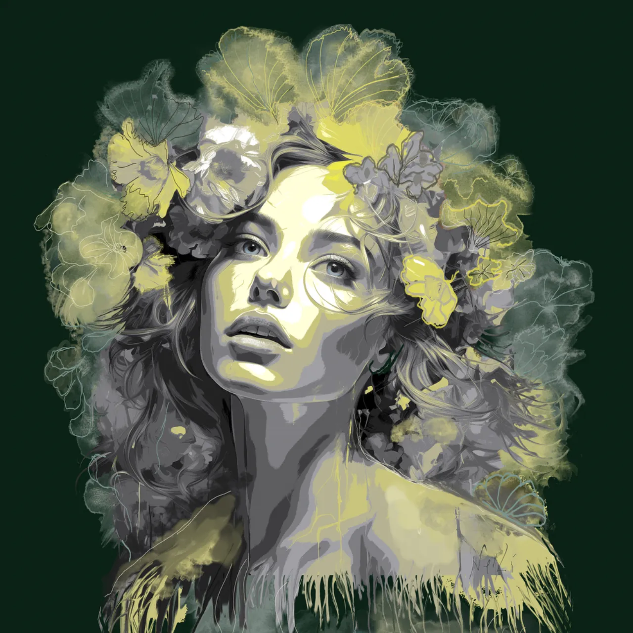 The same woman in an Art Nouveau digital painting with floral motifs