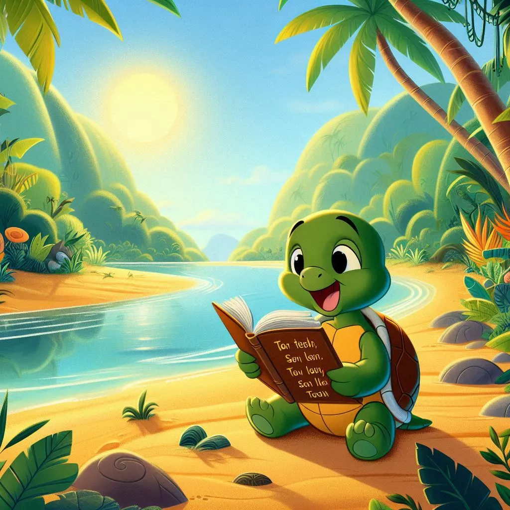 a cartoon turtle reading a book on a beach