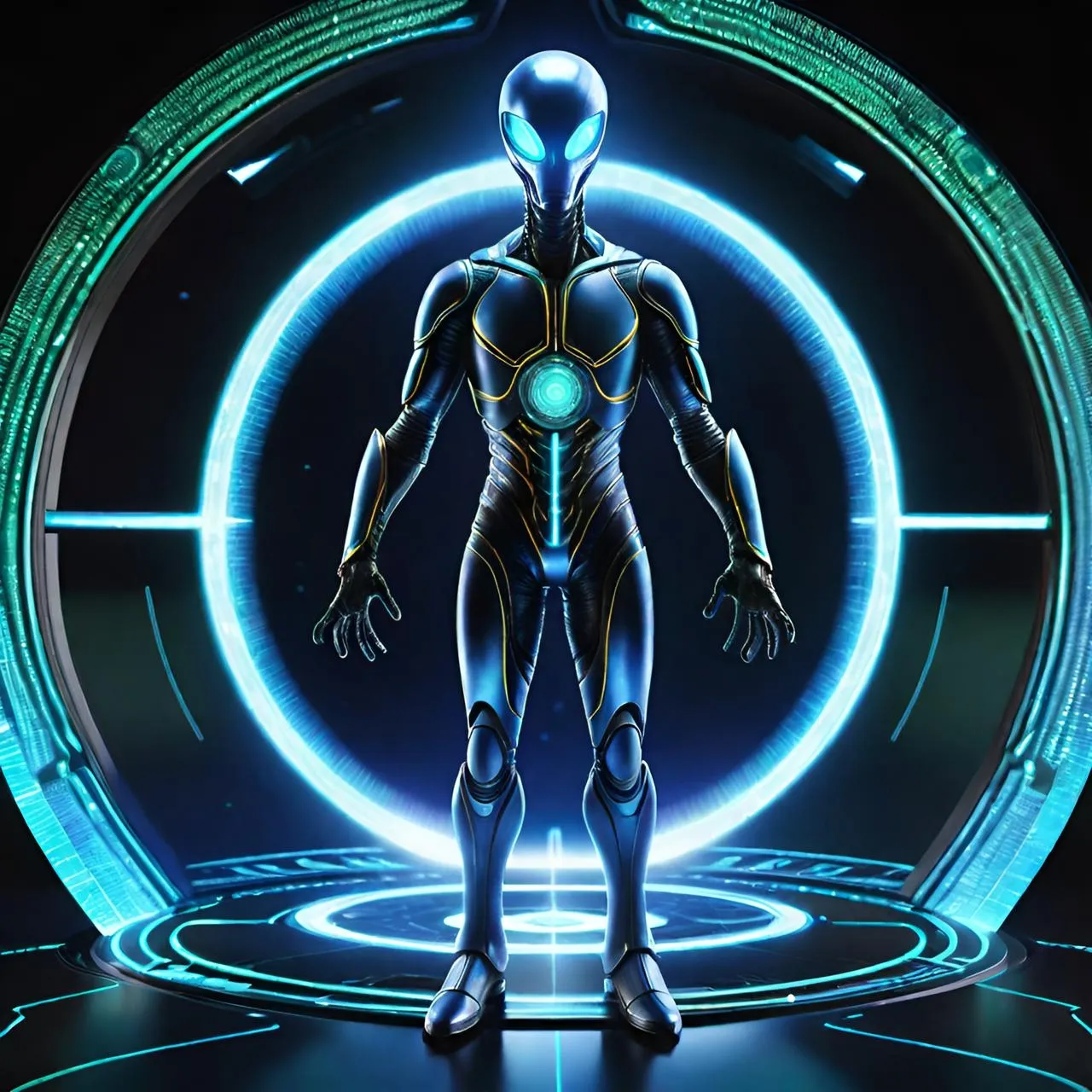 a futuristic man standing in front of a blue circle