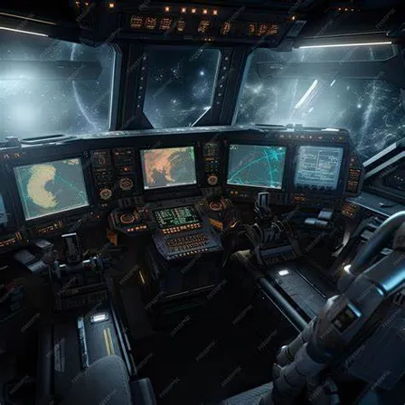 the cockpit of a space station with multiple monitors