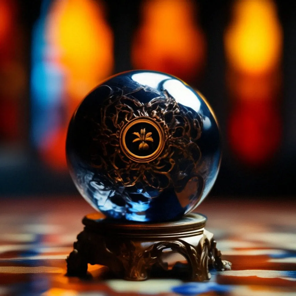 a glass ball sitting on top of a wooden table