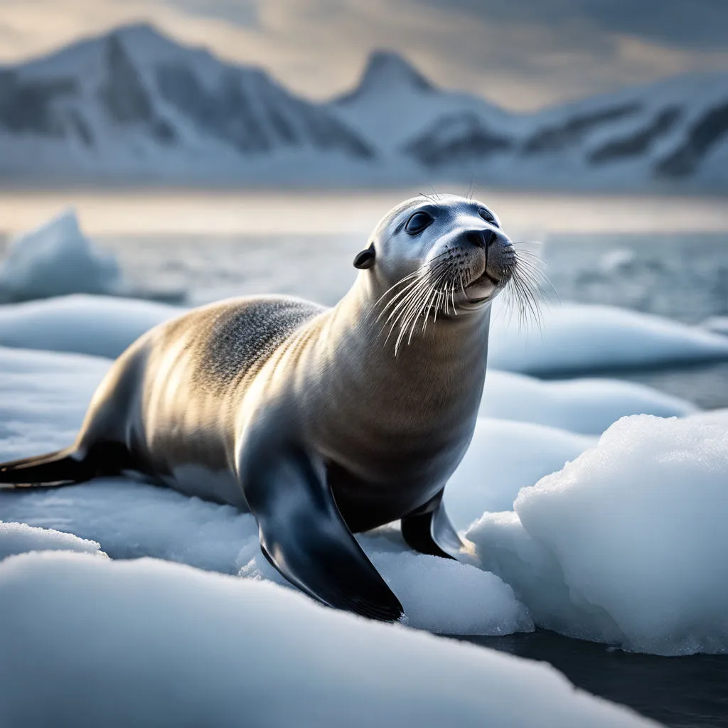 a seal on ice floes with mountains in the background