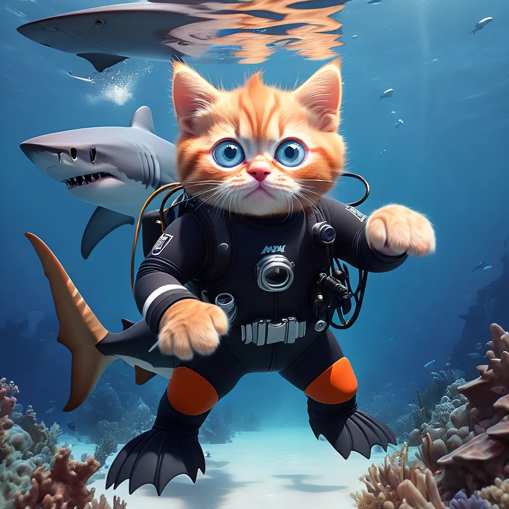 a cat in a diving suit is surrounded by sharks