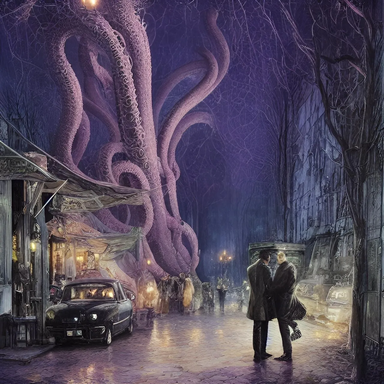 a painting of two people standing in front of a giant octopus