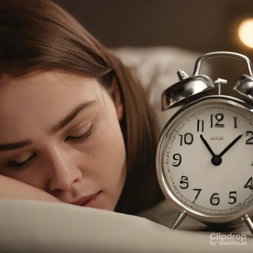 a woman laying in bed next to an alarm clock