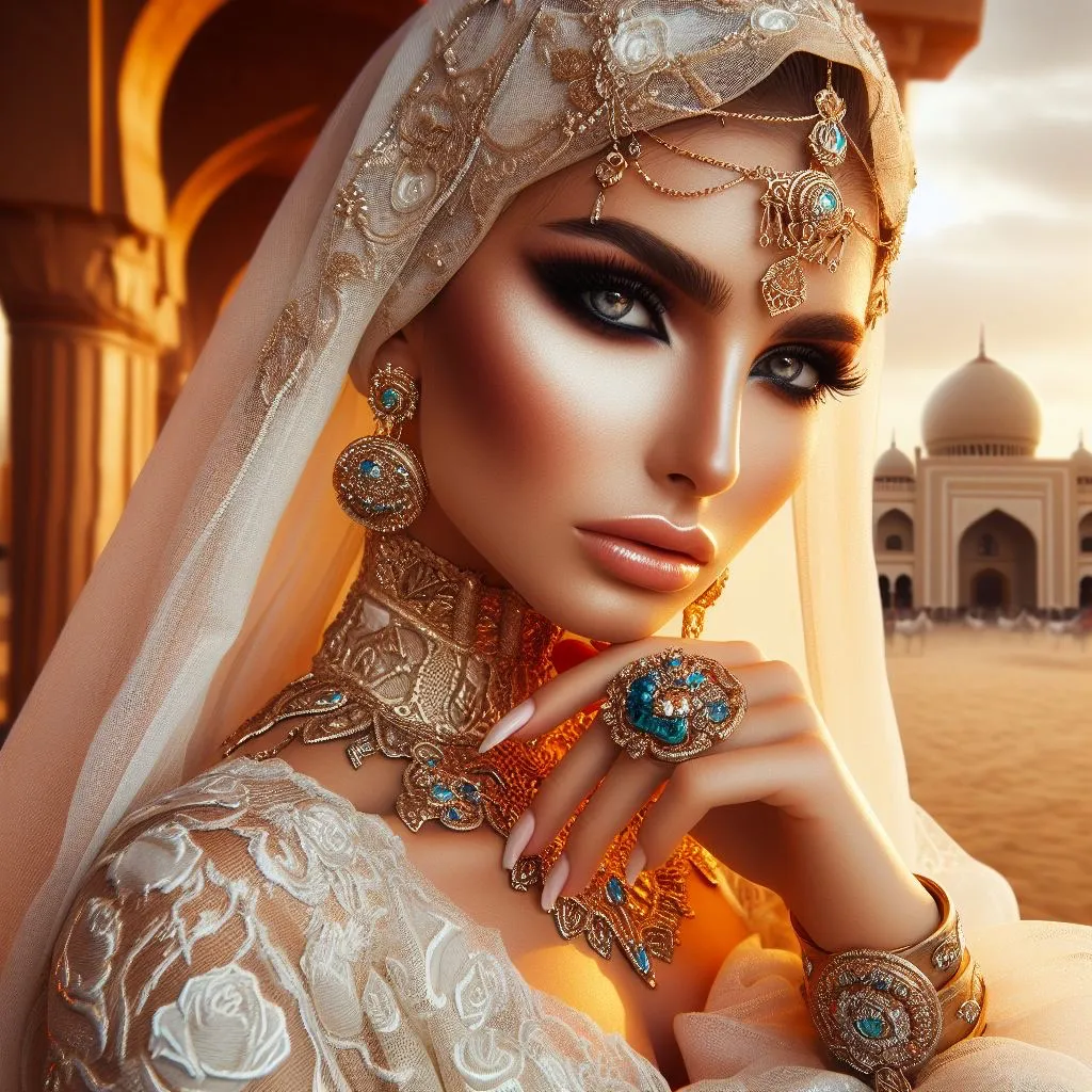 a woman in a white dress with a veil and jewelry