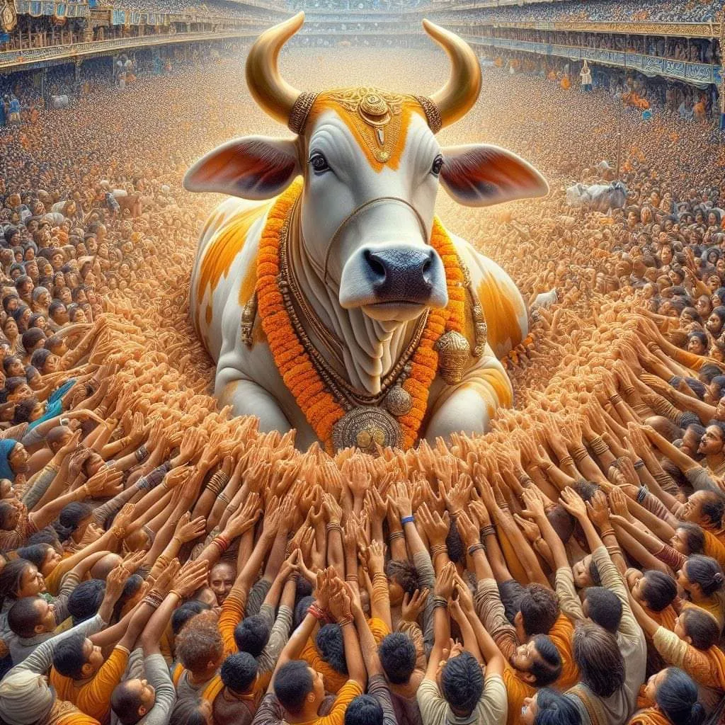 a bull is surrounded by a crowd of people