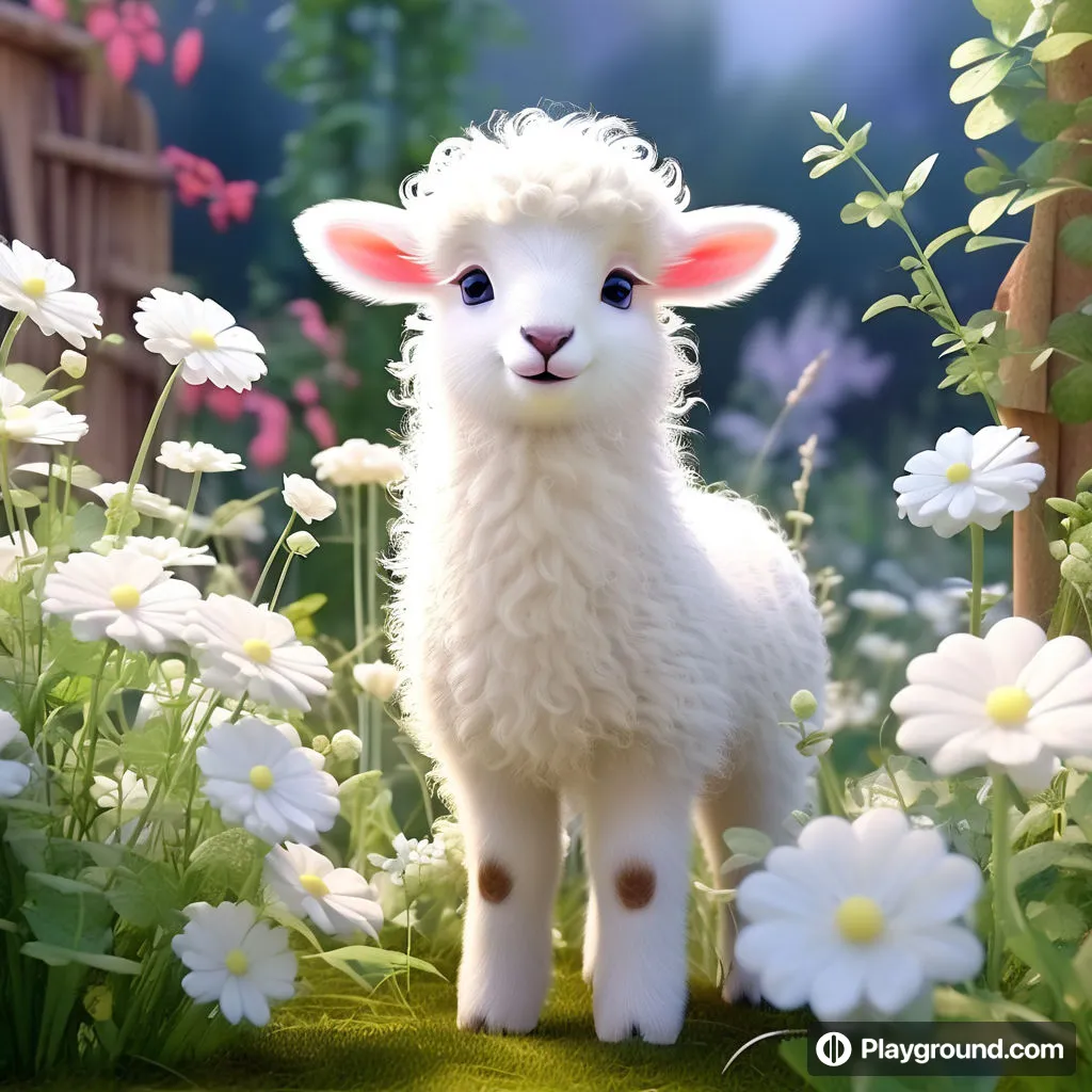 a white sheep standing in a field of flowers