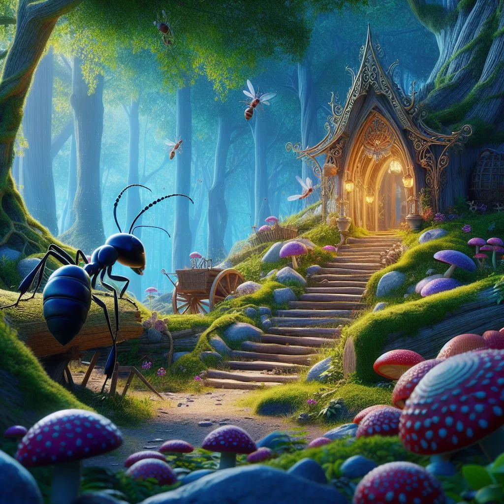 a painting of a bug in the middle of a forest