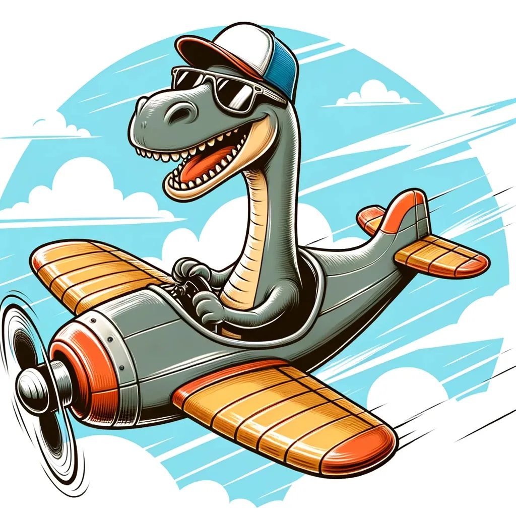 a cartoon dinosaur is flying on an airplane