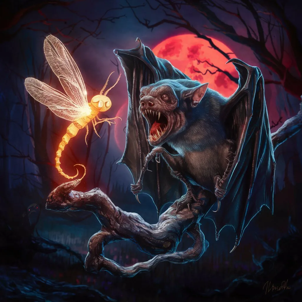 a painting of a bat attacking a dragon