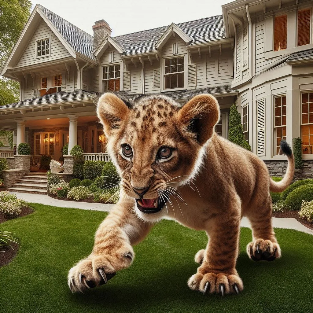 a young lion cub running across a lush green field