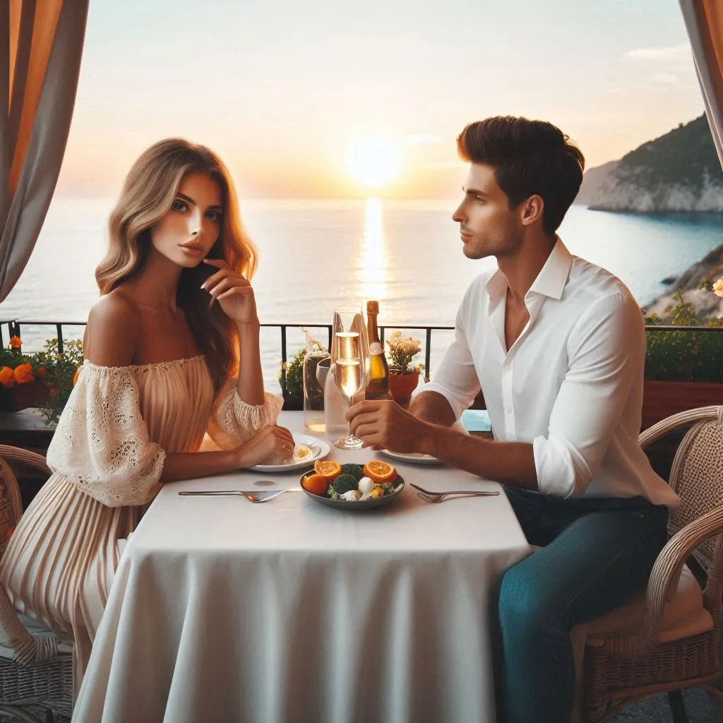 a man and a woman sitting at a table drinking champagne