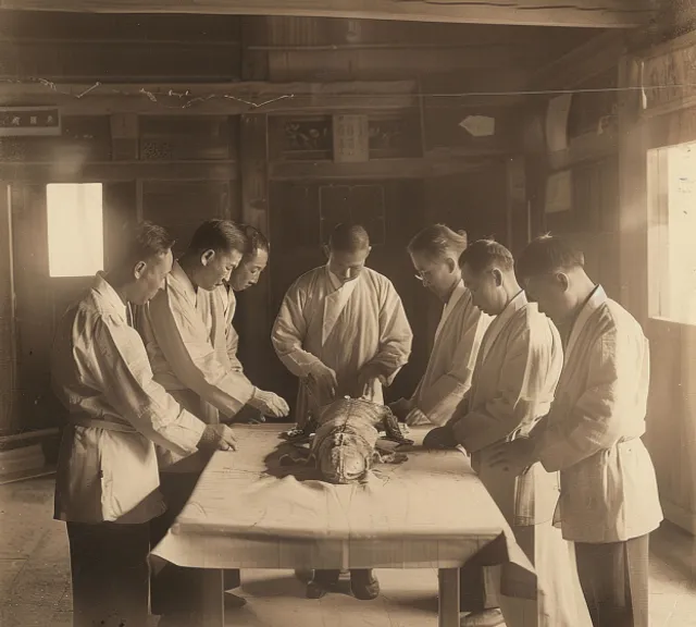 a group of men standing around a table