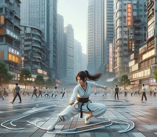 a woman in a karate stance on a city street