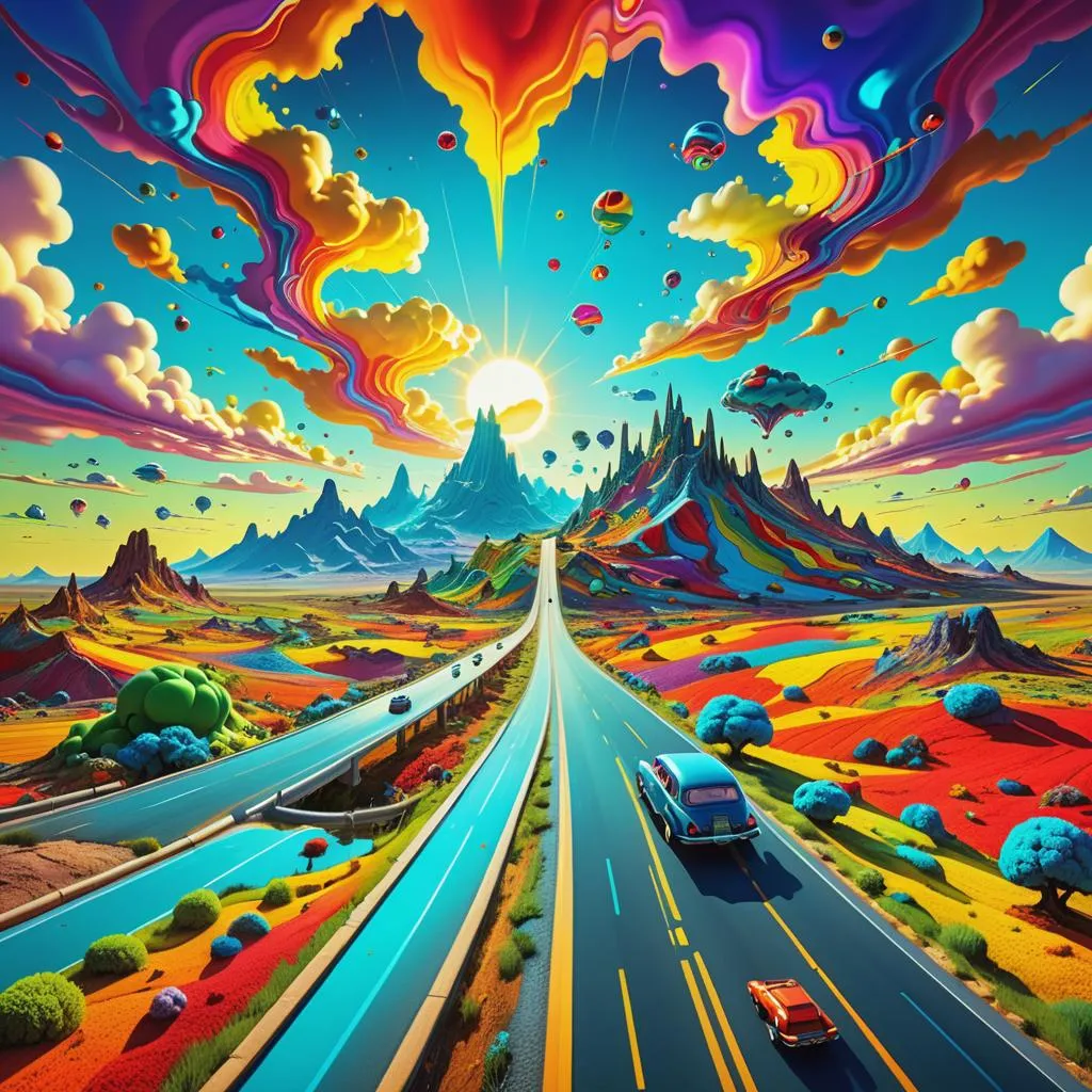 a painting of cars driving down a road