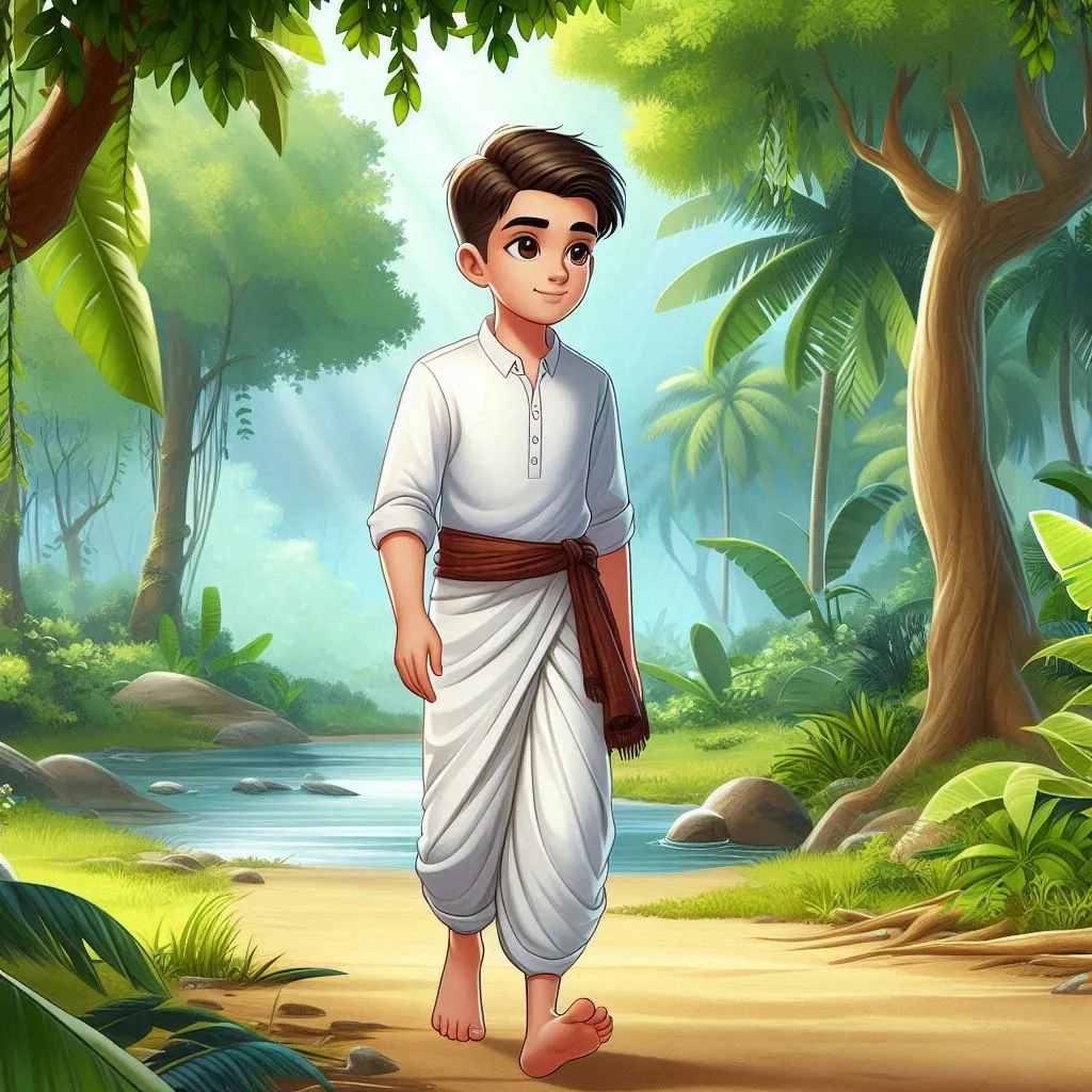 a handsome boy wearing white shirt and white dhoti cutting wood with axe 3D animation cartoon zoom out 