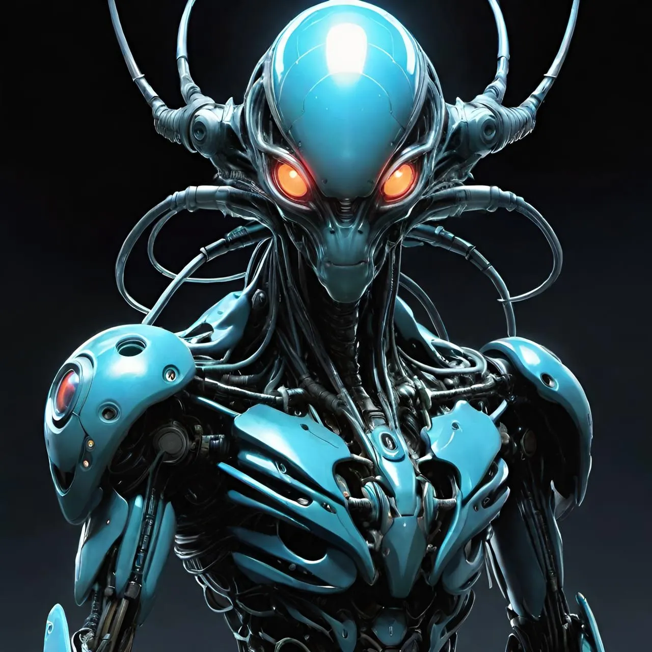 a blue alien with red eyes and a black background