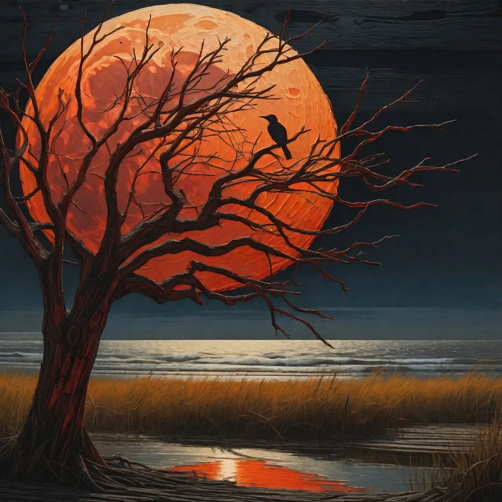 a painting of a tree with a full moon in the background