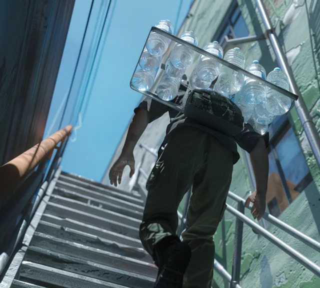 a man walking up a flight of stairs carrying a case of bottled water