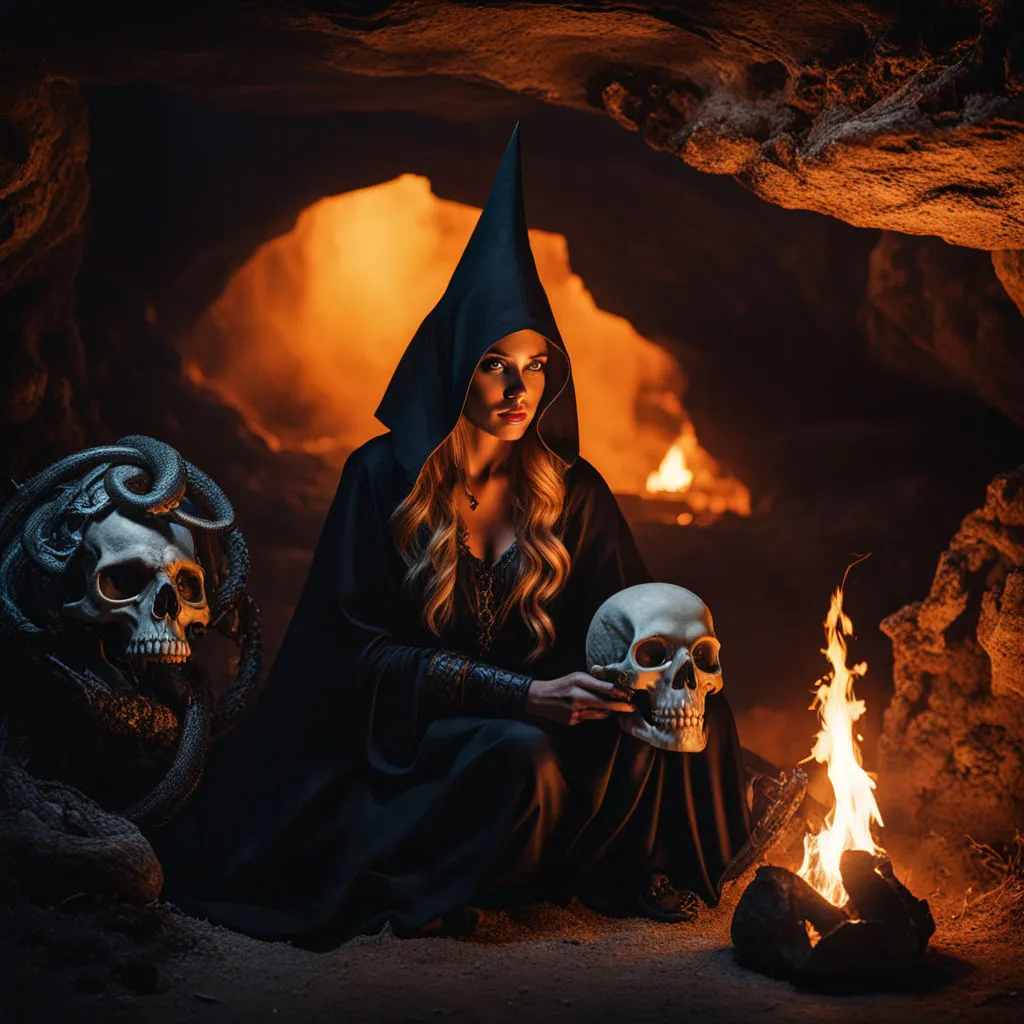 a woman sitting in front of a fire with skulls