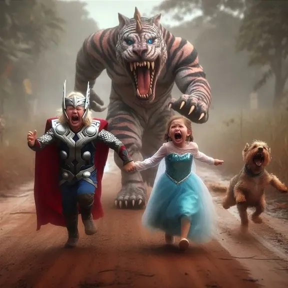 a little thor and elza   running away from huge wolf