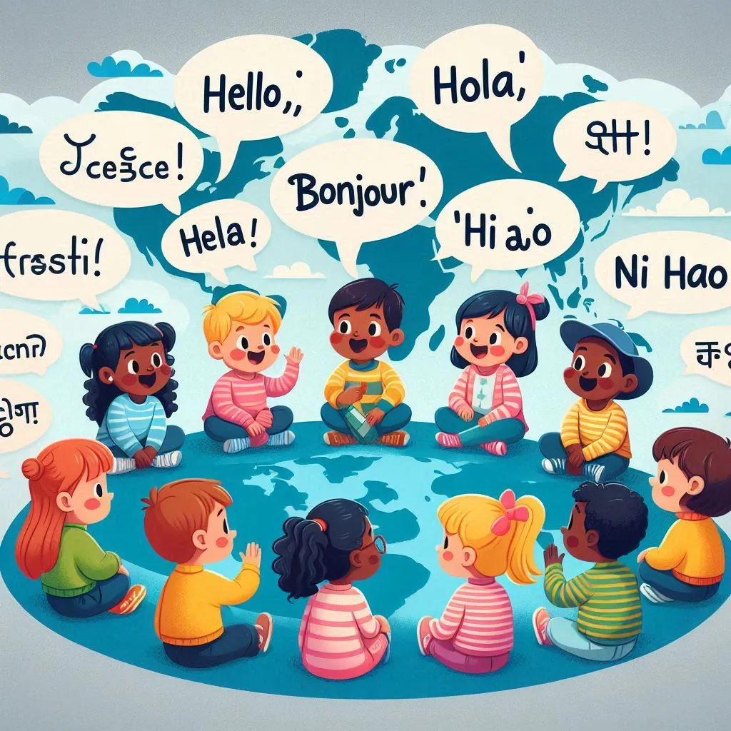 a group of children sitting around a globe with speech bubbles