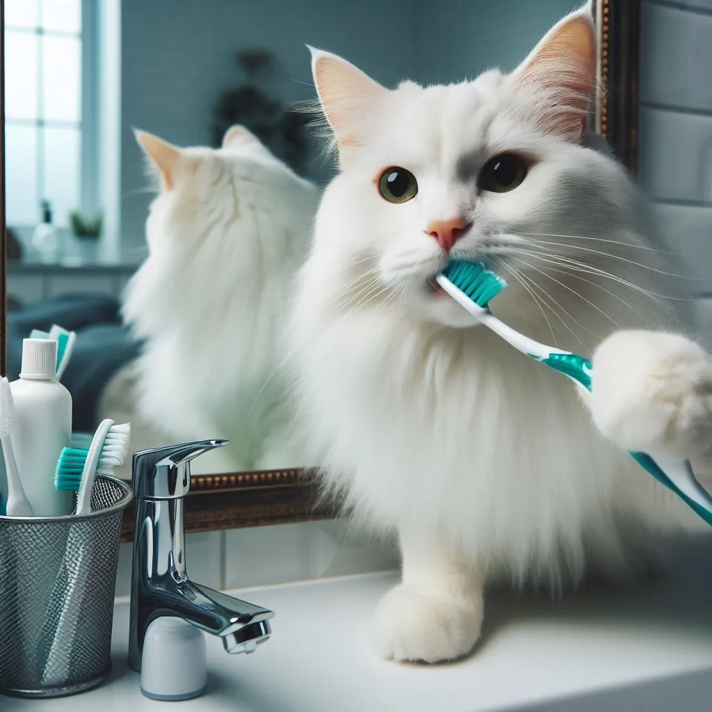 a white cat brushing its teeth in front of a mirror