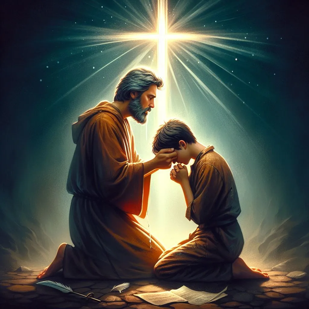 a painting of jesus and a young boy kneeling in front of a cross