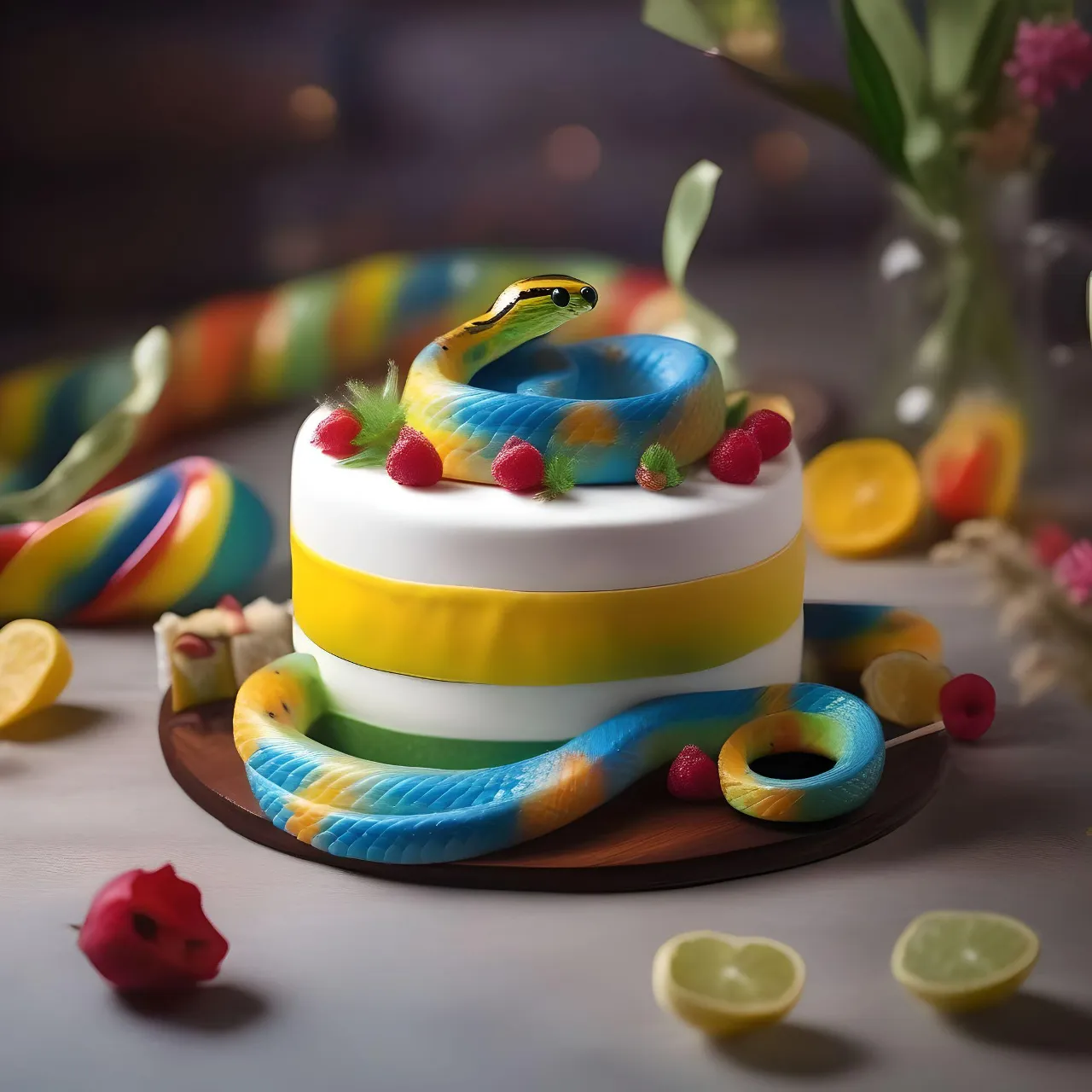 a colorful cake with a snake on top of it