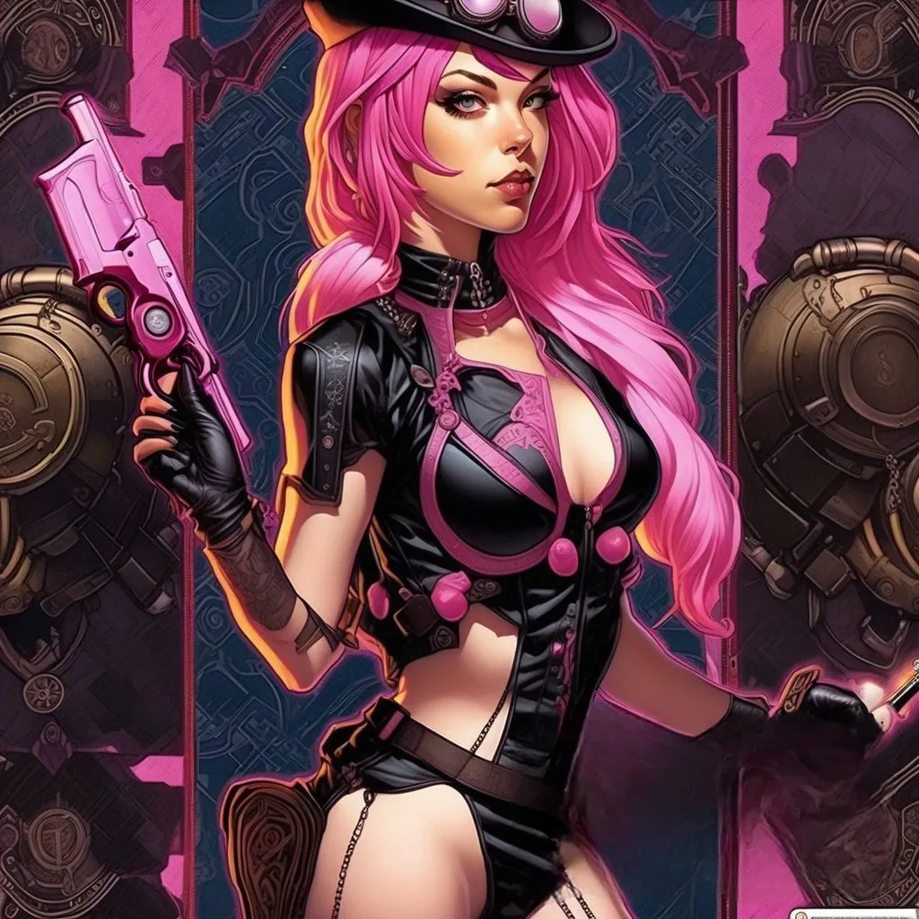 a cartoon of a woman with pink hair holding a gun