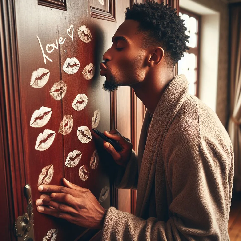 a man writing on a door with lipstick on it