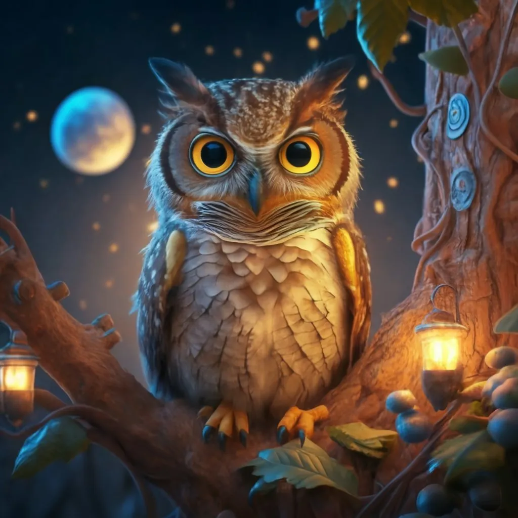 an owl sitting on a tree branch with a full moon in the background