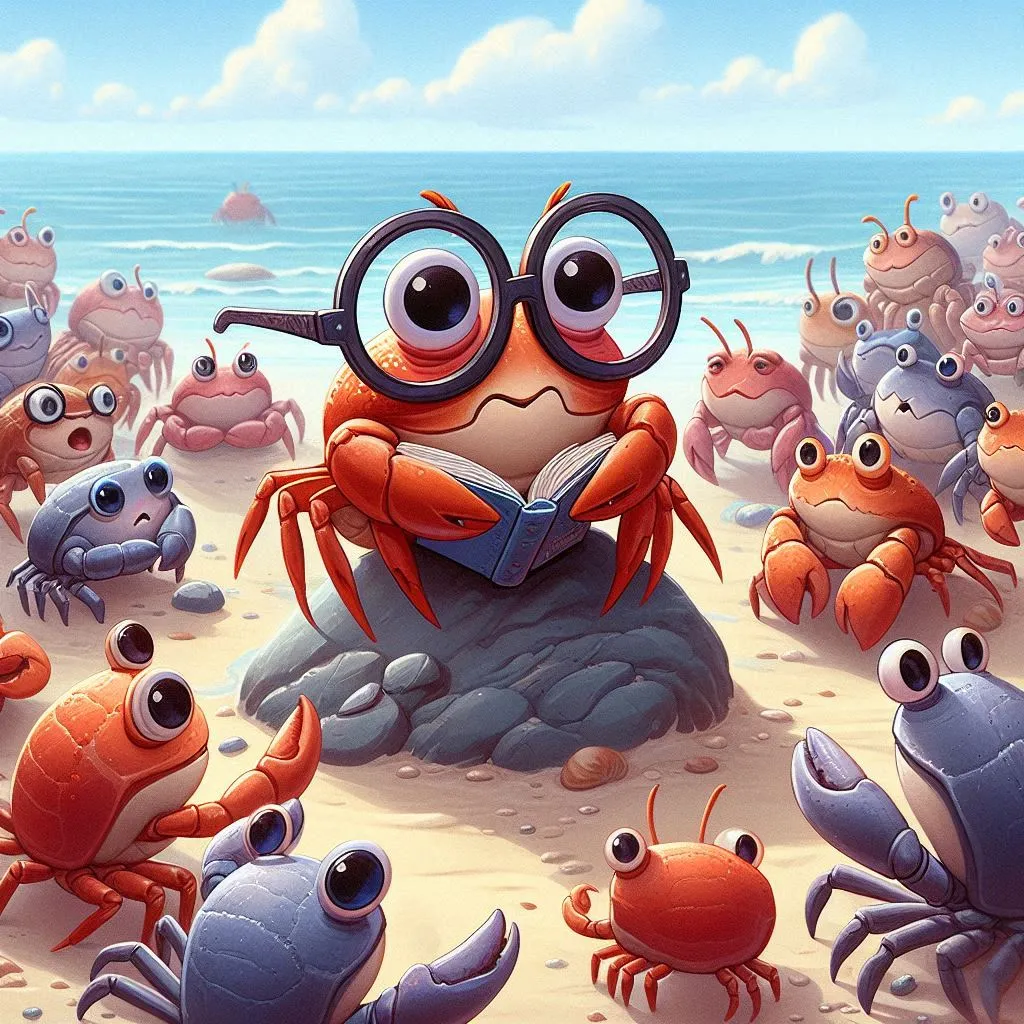 a cartoon crab reading a book surrounded by crabs