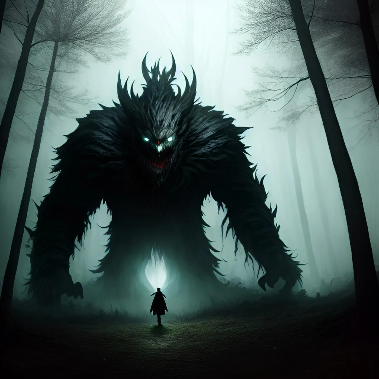 a person standing in the middle of a forest next to a giant monster