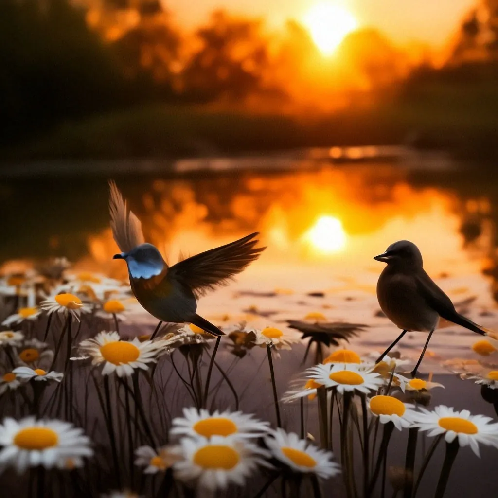 a couple of birds standing on top of a field of flowers