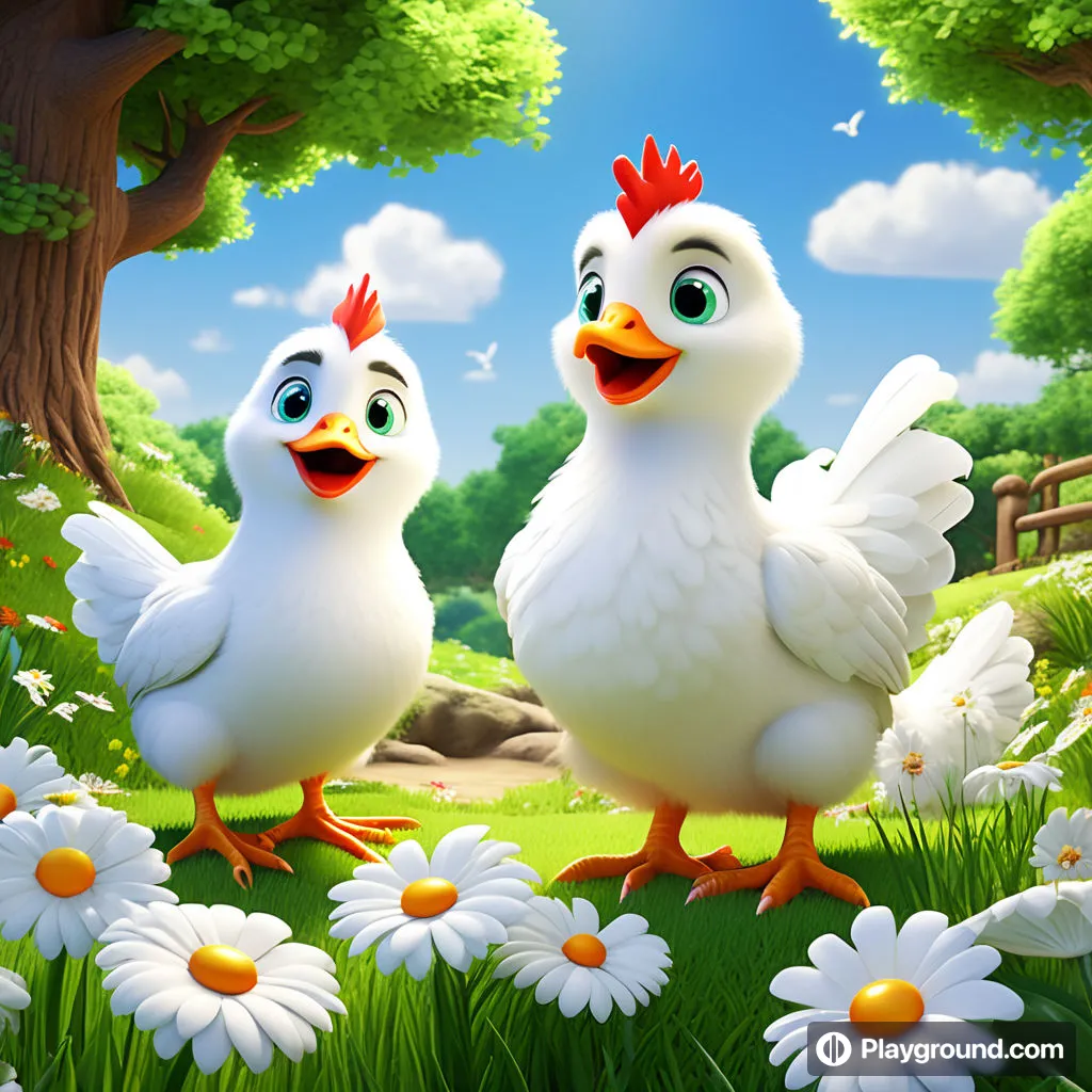 a couple of chickens standing on top of a lush green field