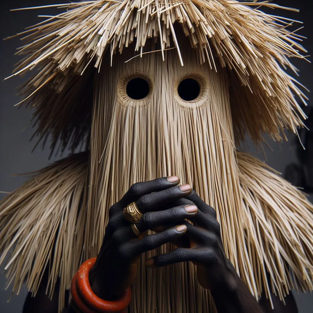 a person with a straw mask on their head