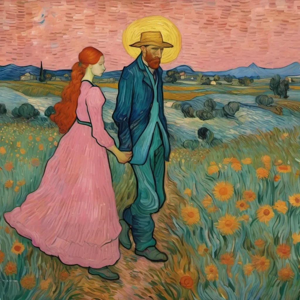 a painting of a man and a woman  walking 