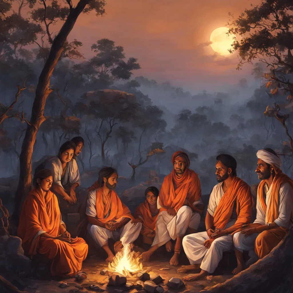 a painting of a group of people sitting around a campfire