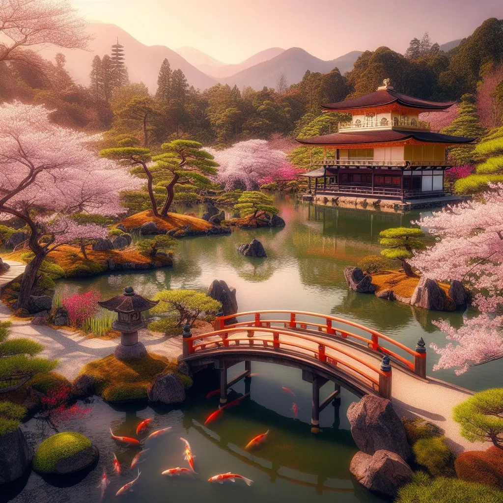 a painting of a japanese garden with a bridge over a pond