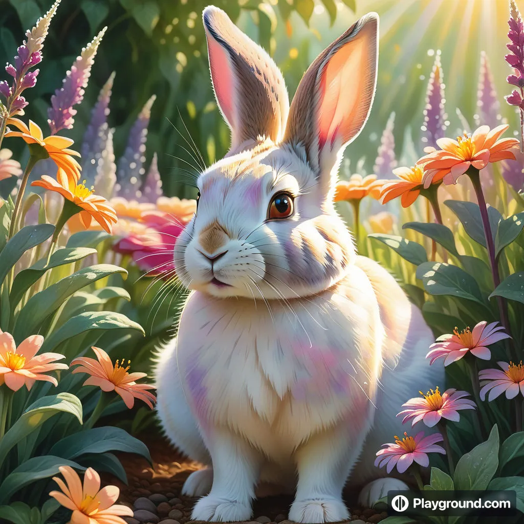 a painting of a rabbit sitting in a field of flowers