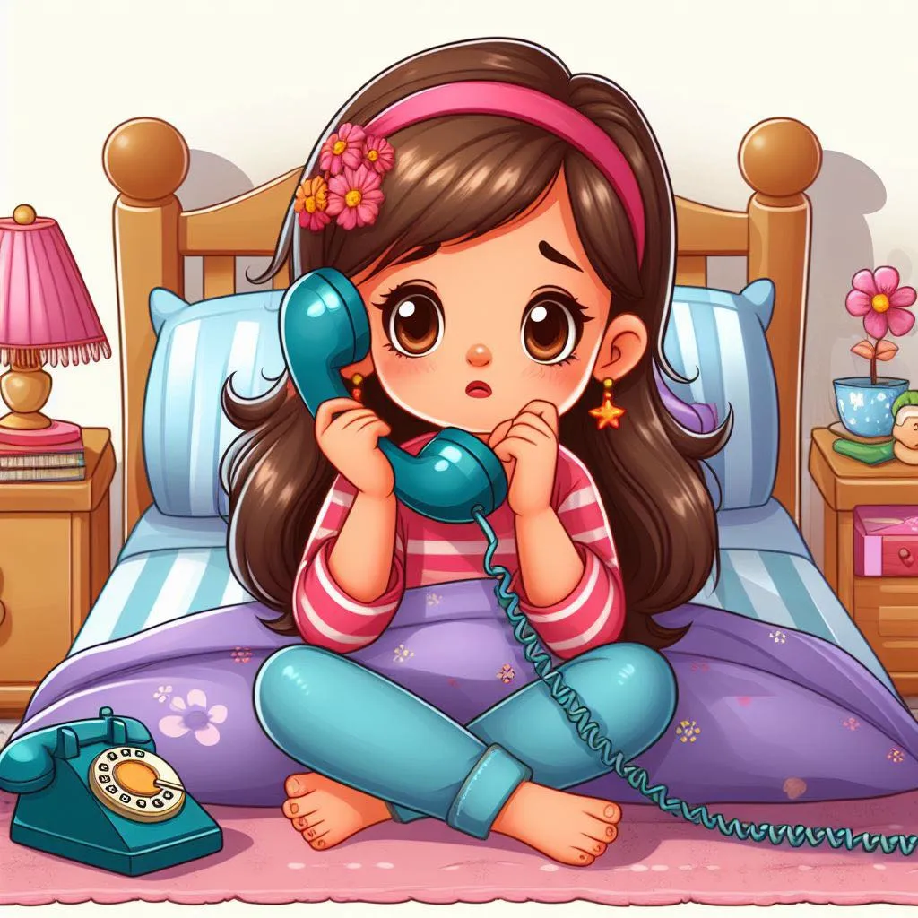 a little girl sitting on a bed talking on a phone