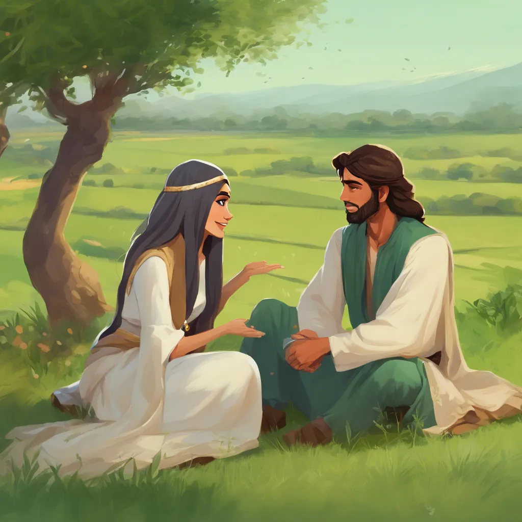 a painting of a man and a woman sitting in the grass